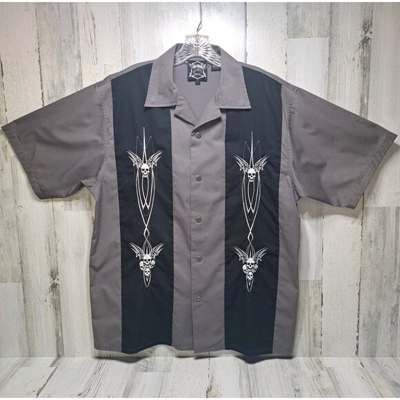 Hard Chrome Mens Snap Down Mechanics Shirt Size L Gray Black Embroidered Skulls - Picture 2 of 12